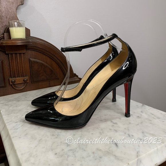 Louboutin Halte 100 Black Patent Ankle Strap Pumps size 39